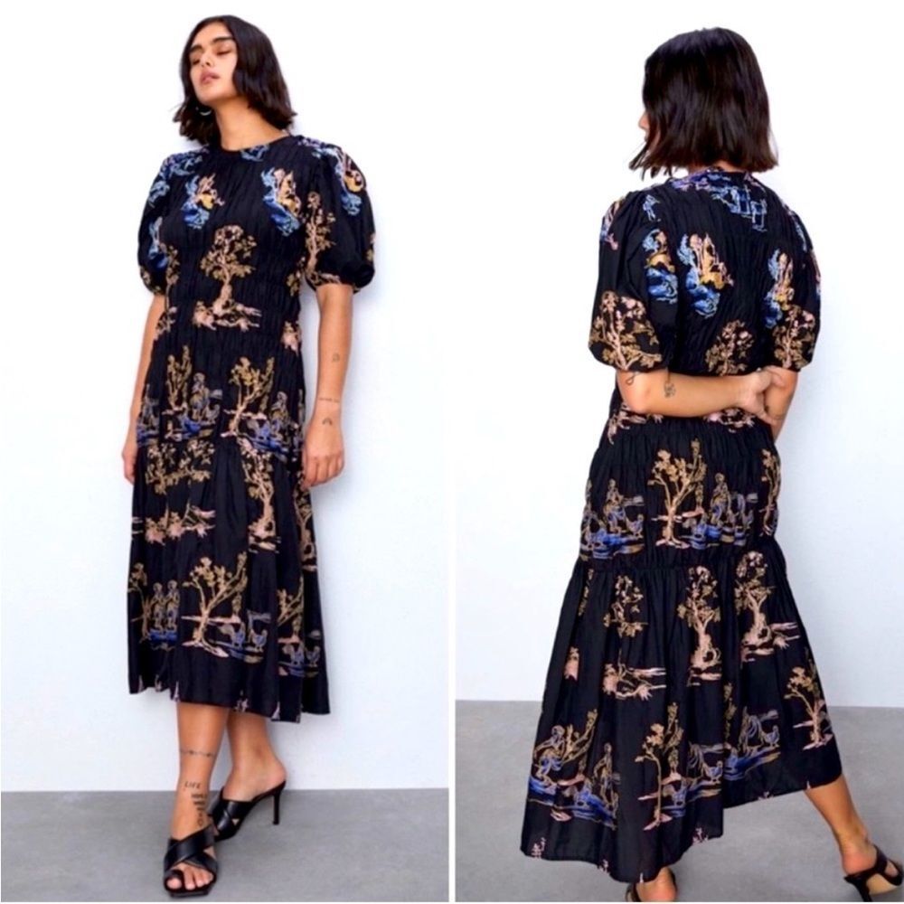 ZARA BLACK MIDI SMOCK PUFF SLEEVE‎ RUFFLE HEM EMBROIDERY XS